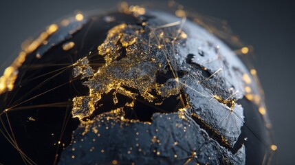 3D Rendered Earth Globe with Illuminated City Lights and Network Lines