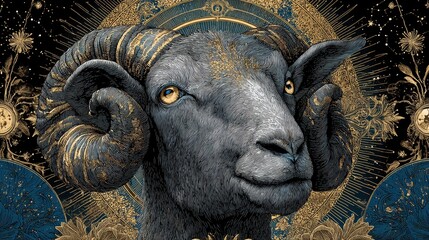 Majestic ram head with intricate designs and cosmic background