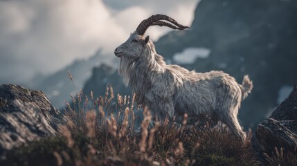 Majestic White Mountain Goat Standing on Rocky Terrain in Nature