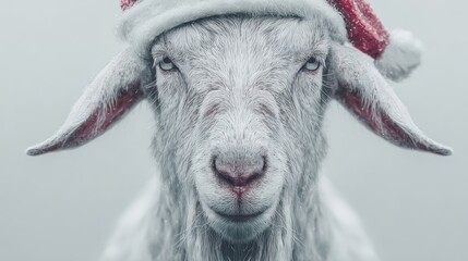 Festive Goat Wearing Santa Hat in Soft Winter Background