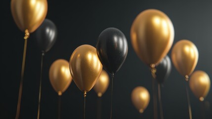 Elegant black and gold balloons floating in dark atmosphere