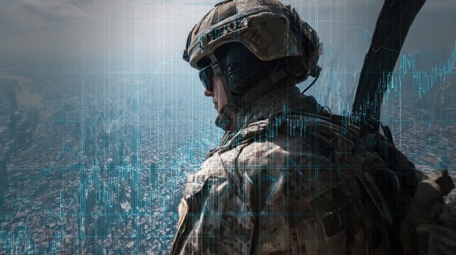 A soldier in combat gear overlooking a cityscape with a digital grid overlay. - Powered by Adobe