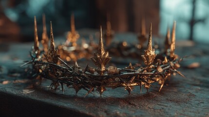 Golden Crown of Thorns on Wooden Table Surrounded by Shadows