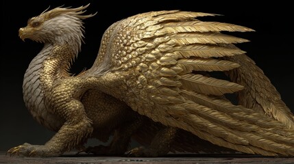 Majestic Golden Dragon with Intricate Feathers and Strong Wings