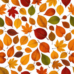 Obraz premium Colorful autumn leaves scattered on a dark background, fall season vibes