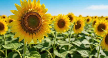 Fototapeta premium Sunny sunflower field, bright yellow blossoms