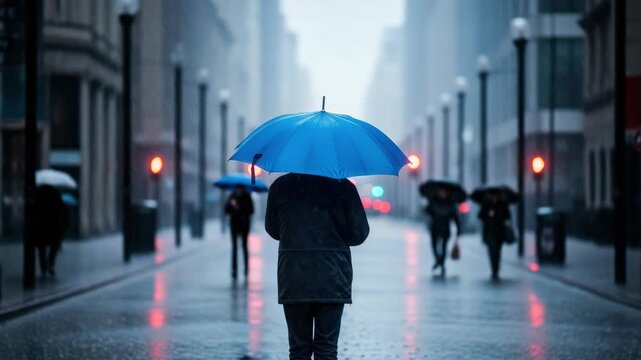 solitary figure with vibrant blue umbrella walks away from the viewer down wet city street reflecting red traffic lights Rain falls blurring distant pedestrians under umbrellas and tall buildings