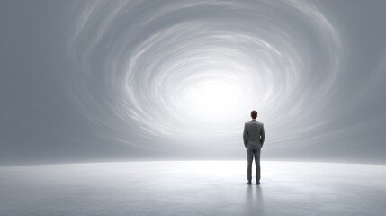 Obraz premium A man in a suit standing in front of a swirling, ethereal light in a vast, empty room.
