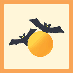 Two flying bats circling around a golden full moon.