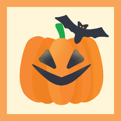A spooky pumpkin with a carved face and a bat above it.