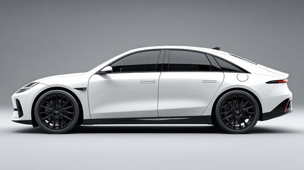 Fototapeta premium A sleek, white electric sedan with black accents and red accents on the rear, parked on a gray background.