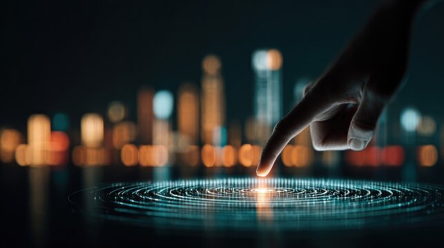 A hand touching a glowing digital interface with a city skyline in the background.