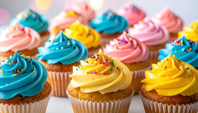 Colorful Cupcake Delights: A delightful array of cupcakes, each crowned with vibrantly swirled frosting and festive sprinkles, a visual treat for dessert lovers