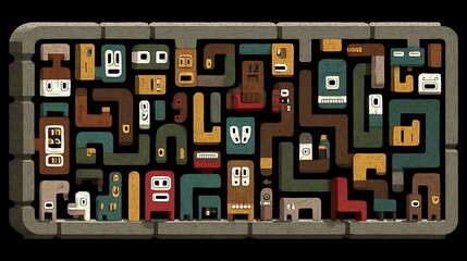 Abstract, colorful, and playful composition of geometric shapes and cartoonish characters resembling pipes and blocks, arranged in a mazelike structure on a dark background
