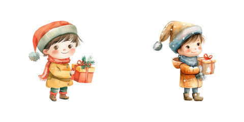 cute kid holding christmas giftbox watercolor vector illustration