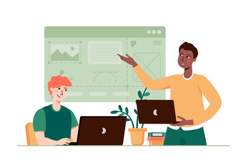 UI UX Design Presentation with Two People Using Laptops against Transparent Background Soft Green and Yellow Aesthetic Smooth Vector Style