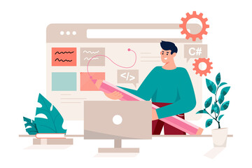 UI UX Designer Creating User Interface on Computer with HTML Code and Pencil in Cartoon Style on Transparent Background