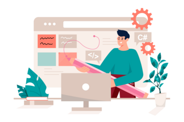 UI UX Designer Creating User Interface on Computer with HTML Code and Pencil in Cartoon Style on Transparent Background