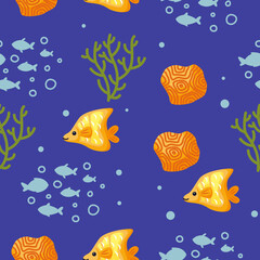 Naklejka premium Underwater Seamless Pattern Featuring Yellow Fish Coral Reef and Blue Background Ocean Themed Design with Marine Life Illustrations Suitable for Fabric