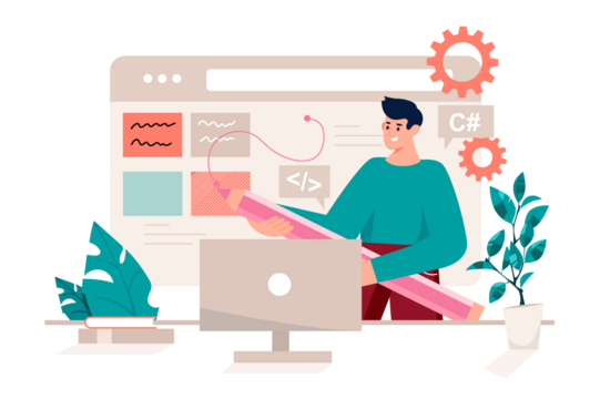 UI UX Designer Creating User Interface on Computer with HTML Code and Pencil in Cartoon Style on Transparent Background - Powered by Adobe