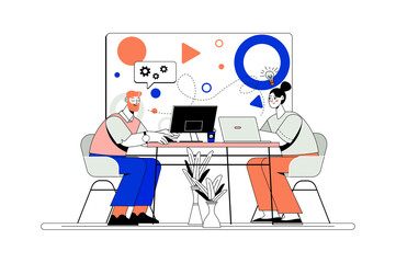 Two People in Colorful Casual Attire Seated at Table Working with Laptops Before White Board with Geometric Shapes and Plants in White Background
