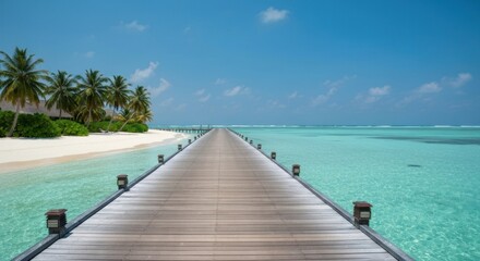 Obraz premium Tranquil wooden pier extends into turquoise ocean, meeting white sandy beach, under a vibrant blue sky. Palm trees line the shore