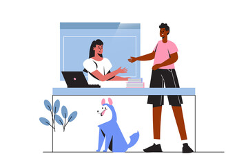 Two People in Video Chat at Desk with Blue Dog and Plant on Transparent Background