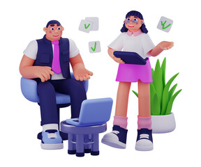 Two People in Business Casual Attire Discussing Work on Transparent Background, 3D Rendering in White and Blue Tones