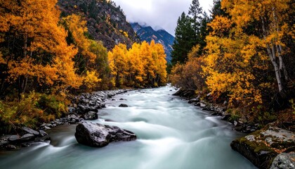 Autumn River Landscape with Golden Trees and Flowing Water in Mountain Valley