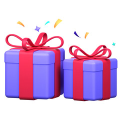 Two Purple Gift Boxes with Red Ribbons Celebration on Transparent Background Presents Decorated with Colorful Confetti Festive 3D Rendering