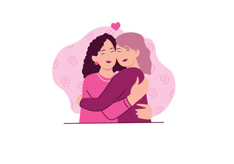 Two Sisters Embracing with Love Heart on Transparent Background in Cartoon Style Representing Sibling Affection and Family Bond