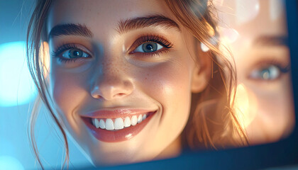 Radiant Smile: A close-up of a woman's joyful face, her bright eyes and perfect smile capturing a moment of pure happiness and delight, a picture of optimism and confidence.