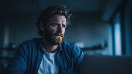 Fototapeta premium A thoughtful man with a beard sits indoors by a window, gazing ahead with a serious expression in soft, moody lighting