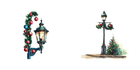 street light with christmas decoration watercolor vector illustration