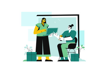 Two Women Discussing Business in Green and Black with Transparent Background