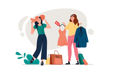 Two Women Shopping for Clothing with Bags and Dress in White Background