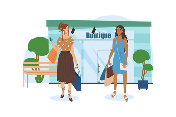 Two Women Shopping in Front of Boutique on Clear Day With Transparent Background Wearing Casual Summer Clothes and Carrying Shopping Bags Joyful Shopping Experience