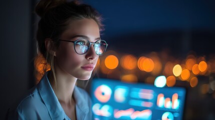 A woman wearing glasses works at a computer at night, with colorful data charts on the screen and city lights blurred in the background