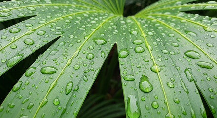 Closeup of a vibrant green leaf covered in glistening water droplets, showcasing the beauty of nature and the freshness of a rainy day