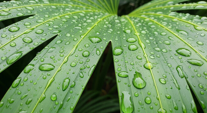 Closeup of a vibrant green leaf covered in glistening water droplets, showcasing the beauty of nature and the freshness of a rainy day