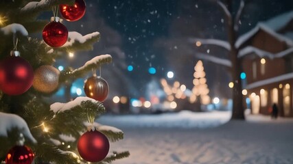 A snowy christmas tree adorned with red ornaments glows in the winter night.