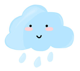 Cute Cartoon Cloud with Raindrops, Weather Icon, Smiling Face, illustration