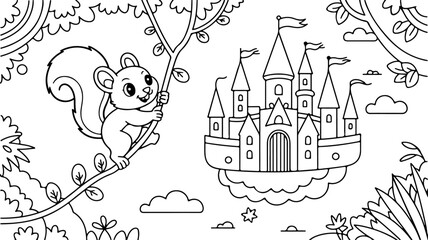 Fairy Tale Castle Coloring Page with Cute Squirrel
