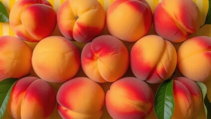 Freshly picked ripe peaches arranged in rows, showcasing their vibrant colors and smooth skin, ready for consumption.