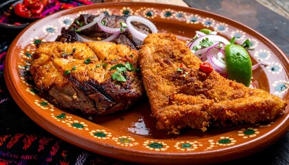 Delicious Fried Fish Dish with Fresh Salad and Onion Rings on a Decorative Plate.