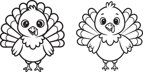 Vector art of two cute cartoon turkeys, perfect for coloring pages and childrens activities