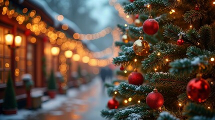 Red and Gold Christmas Ornaments on a Snowy Tree with a Festive Market Background