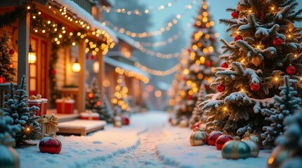 Magical Christmas Village Street with Festive Lights and Snow at Night