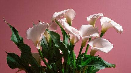 Obraz premium White Calla Lilies on Pink Background with Green Leaves and Water Droplets Under Soft Lighting