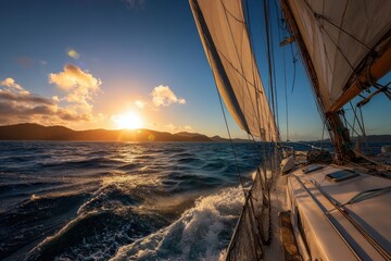 White Catamaran Sailing at Sunset on the Whitsunday Coast Australia
